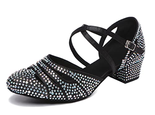 MINITOO Strass-Tanzschuhe für Damen, mittelhoher Absatz, Lateinamerikanische Ballsaal-Pumps L475, Schwarzer Absatz 5 cm, 38 EU von MINITOO