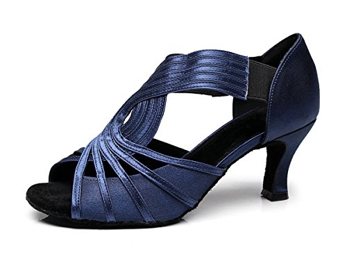 MINITOO TJ7133 Damen Mädchen Riemchen Satin Latein Tango Tanzsandalen, Blauer Absatz 6 cm, 36.5 EU von MINITOO