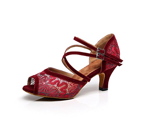 MINITOO TQJ3005 Damen Floral Spitze Tango Latein Ballsaal Tanzschuhe Abend Hochzeit Sandalen, Roter 6 cm Absatz, 38.5 EU von MINITOO