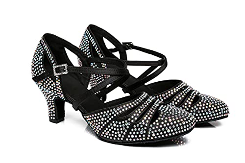 MINITOO Strass-Tanzschuhe für Damen, mittelhoher Absatz, Lateinamerikanische Ballsaal-Pumps L475, Schwarzer 6 cm Absatz, 38 EU von MINITOO