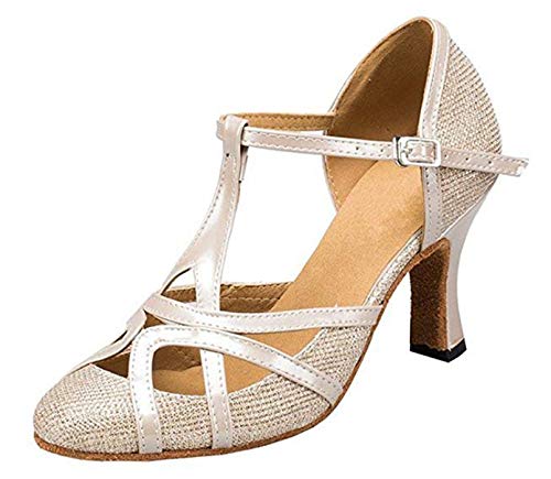 Minitoo qj6133 Damen Geschlossen Zehen High Heel PU Leder Glitzer Salsa Tango Ballsaal Latin t-strap Dance Schuhe, Braun Glitter/Champagne-8cm Heel,39 EU/6 UK von MINITOO