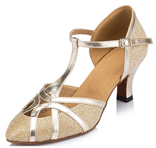 Minitoo qj6133 Damen Geschlossen Zehen High Heel PU Leder Glitzer Salsa Tango Ballsaal Latin t-strap Dance Schuhe, Gold Glitter/Gold-7cm Heel,38 EU/5.5 UK von MINITOO