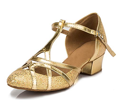 Minitoo qj6133 Damen Geschlossen Zehen High Heel PU Leder Glitzer Salsa Tango Ballsaal Latin t-strap Dance Schuhe, Gold Gold-3.5cm Chunky Heel,37 EU/4.5 UK von MINITOO