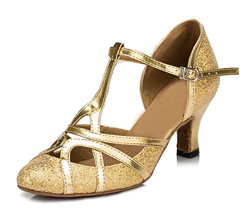 Minitoo qj6133 Damen Geschlossen Zehen High Heel PU Leder Glitzer Salsa Tango Ballsaal Latin t-strap Dance Schuhe, Gold Gold-6cm Heel,38 EU/5.5 UK von MINITOO