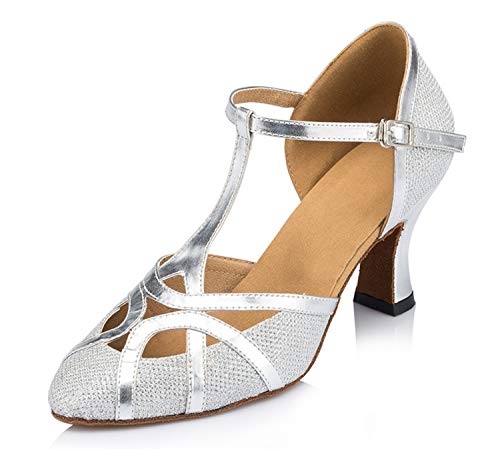 Minitoo qj6133 Damen Geschlossen Zehen High Heel PU Leder Glitzer Salsa Tango Ballsaal Latin t-strap Dance Schuhe, Silber Glitter/Silver-7cm Heel,38 EU/5.5 UK von MINITOO