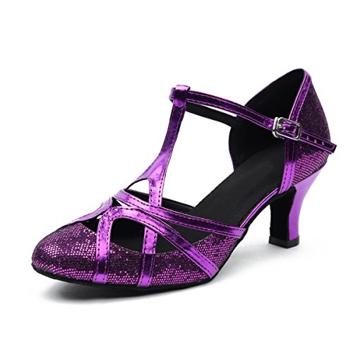 Minitoo qj6133 Damen Geschlossen Zehen High Heel PU Leder Glitzer Salsa Tango Ballsaal Latin t-strap Dance Schuhe, Violett Purple-6cm Heel,39 EU/6 UK von MINITOO