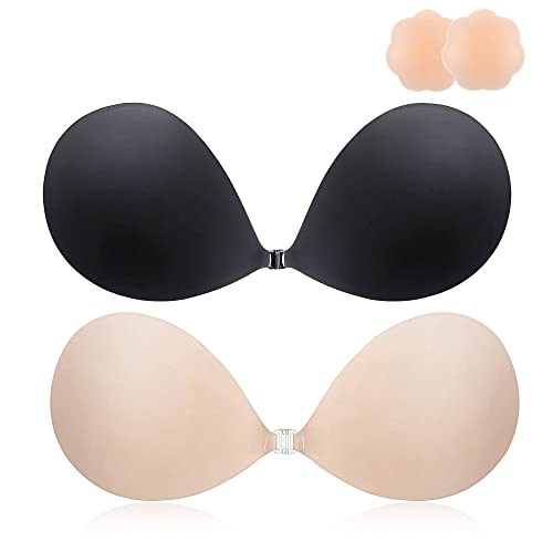 MINIYA 2025 Push Up Sticky Bra, 2 Pack Reusable Adhesive Invisible Backless Strapless Bra, Nude+Schwarz, C von MINIYA
