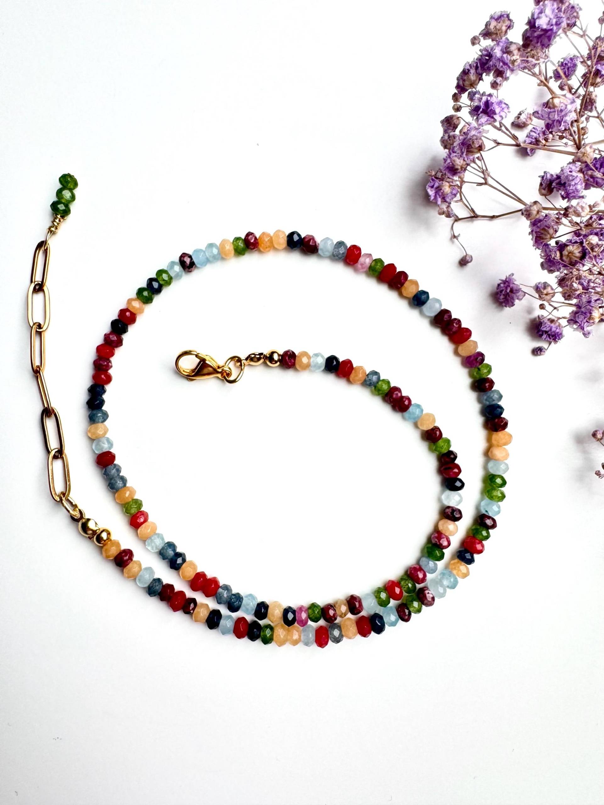 Bunte Edelstein Halskette 46-52 cm - Facettierte Natursteinperlen, Geschenk Für Sie, Zarter Schmuck, Boho Kette, Handmade von MINNAKFINEJEWELRY