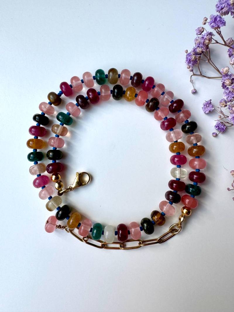 Turmalin Halskette Bunt 43-50 cm - Echte Edelstein-Kette, Geschenk Für Sie, Vergoldeter Verschluss, Zarter Schmuck, Boho Look, Naturstein Turmalin Halskette Bunt 43-50 cm - Echte Edelstein-Kette, Geschenk Für Sie, Vergoldeter Verschluss, Zarter Schmuck, Boho Look, Naturstein von MINNAKFINEJEWELRY