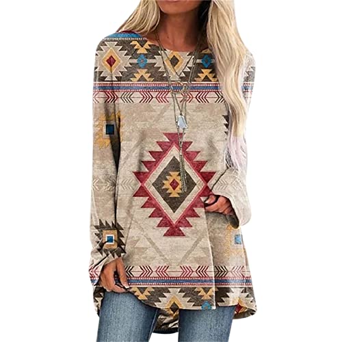 Damen Langarm-Oberteile Vintage Ethnic Style Graphic Print T-Shirt Ethnic Totem Mid Length Pullover Kleider von MINNAQ