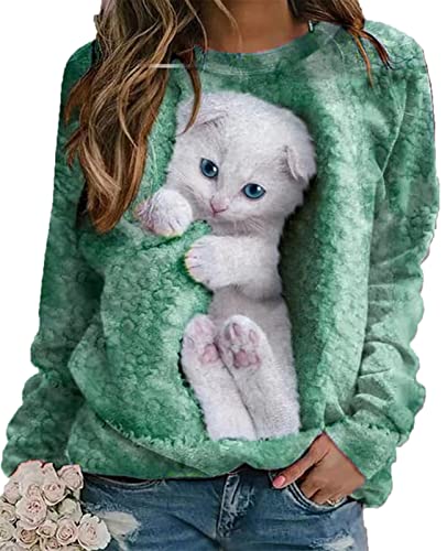 Damen-T-Shirt mit niedlicher weißer Katze 3D-Druck Langarm lustige Grafik Pullover Sweatshirts von MINNAQ