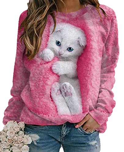 Damen-T-Shirt mit niedlicher weißer Katze 3D-Druck Langarm lustige Grafik Pullover Sweatshirts von MINNAQ