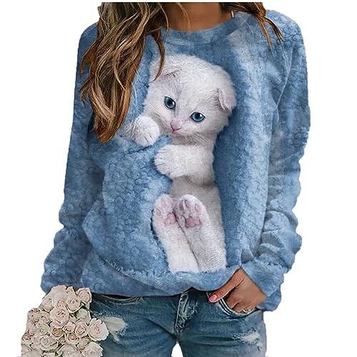 MINNAQ Damen-T-Shirt mit niedlicher weißer Katze 3D-Druck Langarm lustige Grafik Pullover Sweatshirts von MINNAQ