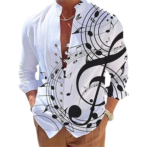 MINNAQ Herren Button Down Langarm Hemd 3D Druck Musik Noten Grafik Top Casual Business Hemd Einreihig Stehkragen Hemd Hawaii Hemden von MINNAQ