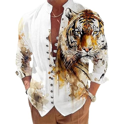 MINNAQ Herren Button Down Langarm Hemd 3D Druck Tier Löwe Grafik Top Casual Business Hemd Einreihig Stehkragen Hemd Hawaii Hemden von MINNAQ