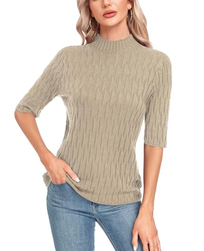 Damen Strickpullover Sommer Frühling Casual Mock Neck Kurze Ärmel Knitted Stretch Sweater Shirt von MINTLIMIT