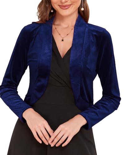 Damen Langarm Samt Shrug für Kleider Cocktail Party Open Front Cropped Bolero Cardigan Top, 35-Dunkelblau, L von MINTLIMIT