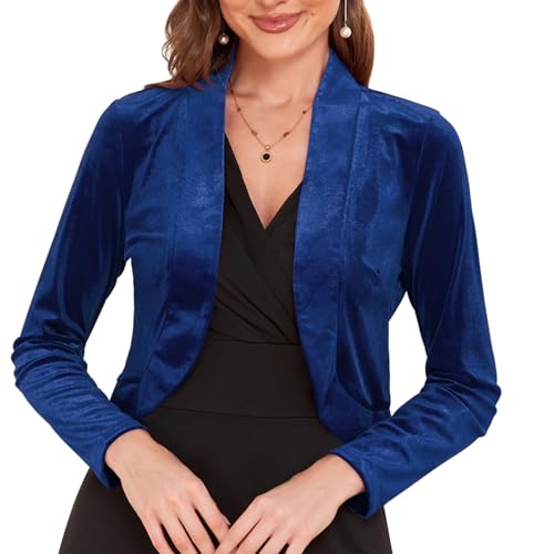 Damen Langarm Samt Shrug für Kleider Cocktail Party Open Front Cropped Bolero Cardigan Top, 35 - Königsblau, 48 von MINTLIMIT
