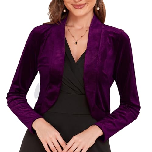 Damen Langarm Samt Shrug für Kleider Cocktail Party Open Front Cropped Bolero Cardigan Top, 35-Lila, L von MINTLIMIT