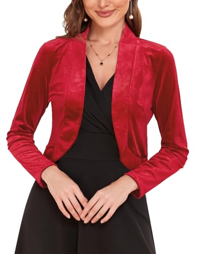 Damen Langarm Samt Shrug für Kleider Cocktail Party Open Front Cropped Bolero Cardigan Top, 35-Wassermelonen-Rot, XL von MINTLIMIT
