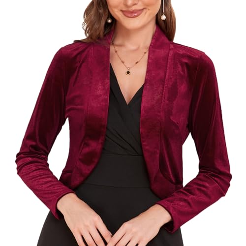 Damen Langarm Samt Shrug für Kleider Cocktail Party Open Front Cropped Bolero Cardigan Top, 35-Weinrot, S von MINTLIMIT