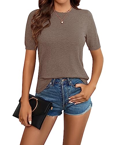 Damen Strickpullover Sommer Frühling Casual Mock Neck Kurze Ärmel Knitted Stretch Sweater Shirt von MINTLIMIT