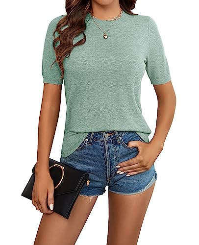 Damen Strickpullover Sommer Frühling Casual Mock Neck Kurze Ärmel Knitted Stretch Sweater Shirt von MINTLIMIT