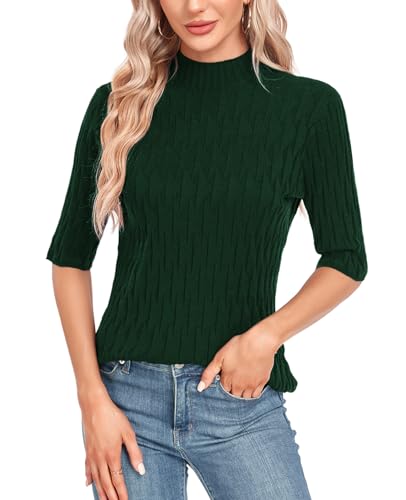 Damen Strickpullover Sommer Frühling Casual Mock Neck Kurze Ärmel Knitted Stretch Sweater Shirt von MINTLIMIT