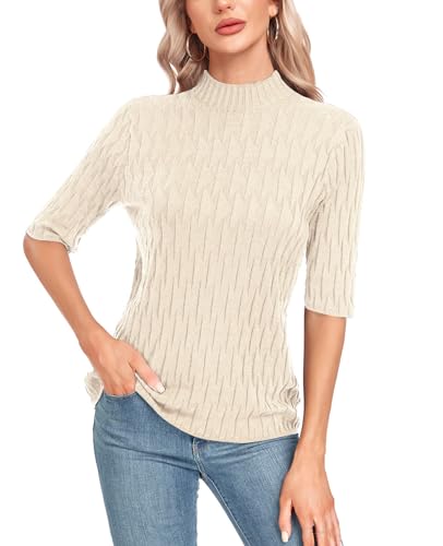 Damen Strickpullover Sommer Frühling Casual Mock Neck Kurze Ärmel Knitted Stretch Sweater Shirt von MINTLIMIT