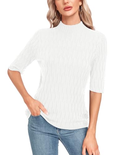 Damen Strickpullover Sommer Frühling Casual Mock Neck Kurze Ärmel Knitted Stretch Sweater Shirt von MINTLIMIT