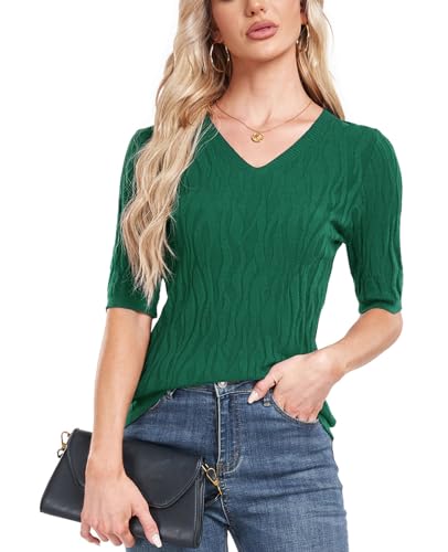 Damen Strickpullover Sommer Frühling Casual V Neck Kurze Ärmel Knitted Stretch Sweater Shirt von MINTLIMIT