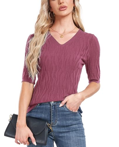 Damen Strickpullover Sommer Frühling Casual V Neck Kurze Ärmel Knitted Stretch Sweater Shirt von MINTLIMIT