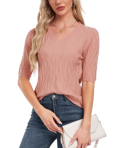 Damen Strickpullover Sommer Frühling Casual V Neck Kurze Ärmel Knitted Stretch Sweater Shirt von MINTLIMIT