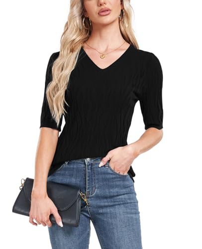 Damen Strickpullover Sommer Frühling Casual V Neck Kurze Ärmel Knitted Stretch Sweater Shirt von MINTLIMIT