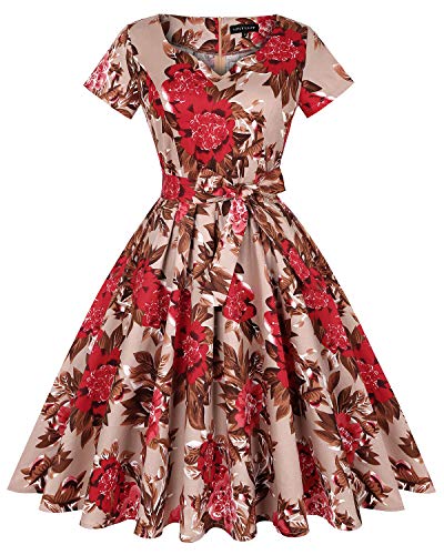 MINTLIMIT 50s Retro Herzformausschnitt Rockabilly Floral Kurze Ärmel Audrey Kleid Cocktailkleider mit Taschen und Gürtel(Blumen Hellbraun,Größe S) von MINTLIMIT