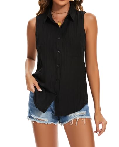 MINTLIMIT Bluse Damen Chiffon Knopfleiste Hemd Sleeveless Oberteil Casual Sommer Shirts (Schwarz L) von MINTLIMIT