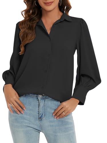 MINTLIMIT Bluse Damen Elegant Festlich Chiffon Tunika Langarm Casual Hemd Button Down (Schwarz L) von MINTLIMIT