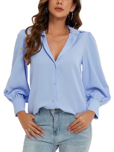 MINTLIMIT Bluse Damen Langarm Chiffon Tunika Elegant Langarm Beiläufig Hemd Button Down (Blau S) von MINTLIMIT