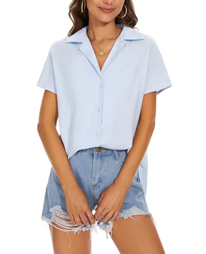 MINTLIMIT Bluse Damen mit Knöpfen V-Ausschnitt Hemd Elegant Tunika Tops Kurzarm Shirt (Himmelblau L) von MINTLIMIT