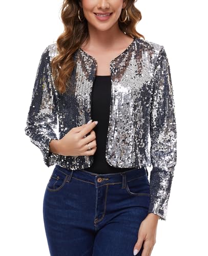 MINTLIMIT Bolero Damen Elegant Festlich Strickjacke Langarm Cardigan Pailletten Metallic Bolerojacke (silbrig L) von MINTLIMIT