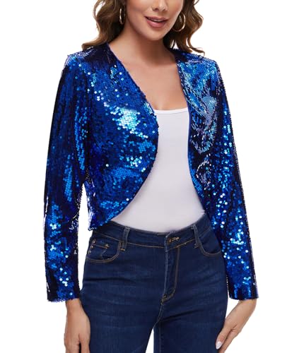 MINTLIMIT Bolero Damen Festlich Elegant Strickjacke Langarm Cardigan Pailletten Metallic Bolerojacke (Blau L) von MINTLIMIT