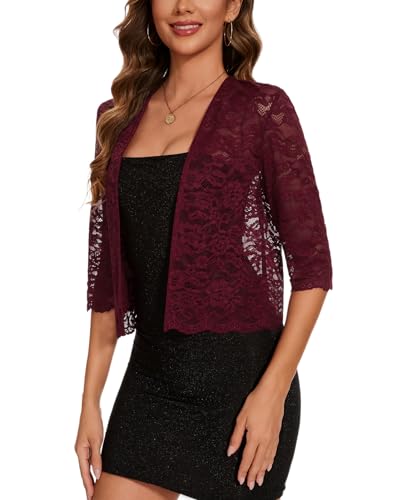 MINTLIMIT Bolero Damen Spitze Offene Vorne Strickjacke 3/4 Ärmel Cardigan Elegant Boleroshrug (Rot S) von MINTLIMIT