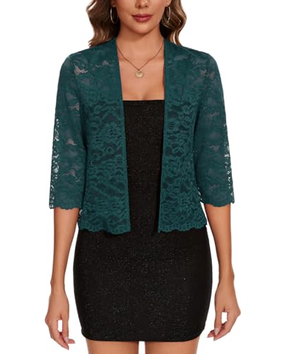 MINTLIMIT Bolero Damen Spitze Offene Vorne Strickjacke 3/4 Ärmel Cardigan Sommer Boleroshrug (Dunkelgrün M) von MINTLIMIT