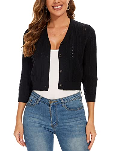 MINTLIMIT Cardigan Damen Kurz Casual Lose Cardigan V-Ausschnitt Sweater Langarm Oberteil Aushöhlen EU 52 (B-Schwarz XXL) von MINTLIMIT