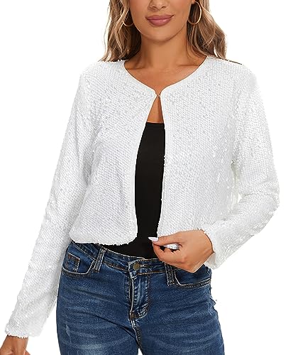 MINTLIMIT Cardigan Damen Kurz Langarm Bolero Pailletten Offene Strickbolero Dünne Elegant (Weiß XL) von MINTLIMIT