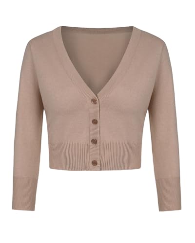MINTLIMIT Cardigan Damen Kurz V-Ausschnitt Langarmshirt Basic Bolerojacke Freizeit Boleroshrug (Beige XL) von MINTLIMIT