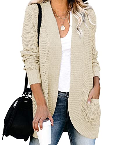 MINTLIMIT Cardigan Damen Lang Offene Langarm Grobstrick Long Strickjacke Langer,WH-Beige,XL von MINTLIMIT