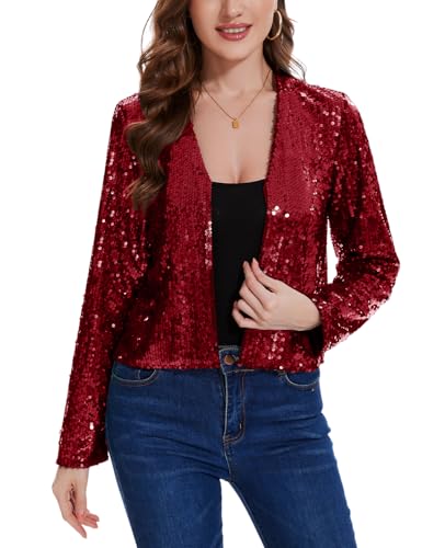 MINTLIMIT Cardigan Damen Pailletten Elegant Offene Cardigan Metallic Langarm Bolero Festlich (Weinrot S) von MINTLIMIT