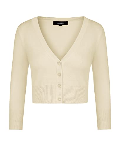 MINTLIMIT Cardigan Noos Strickjacke Damen Kurz V-Ausschnitt Langarmshirt Basic Bolerojacke Freizeit Boleroshrug,Beige XL von MINTLIMIT