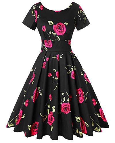 MINTLIMIT Damen 1950er Retro Vintage Cocktail Party Kurzarm Swing Kleid Gr. Medium, Blumen-Rosen-Schwarz von MINTLIMIT